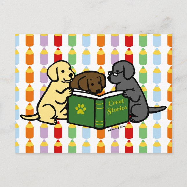 Labrador Puppies Reading Cartoon Postcard (Front)