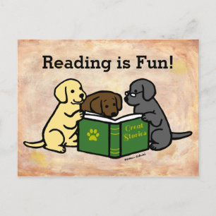 Labrador Puppies Reading Cartoon Postcard