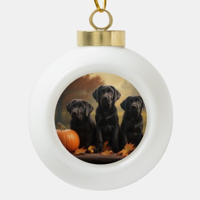 Labrador Puppy Autumn Delight Pumpkin  Ceramic Ball Christmas Ornament (Front)