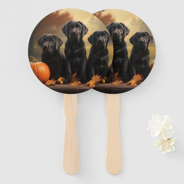 Labrador Puppy Autumn Delight Pumpkin  Hand Fan (Front and Back)