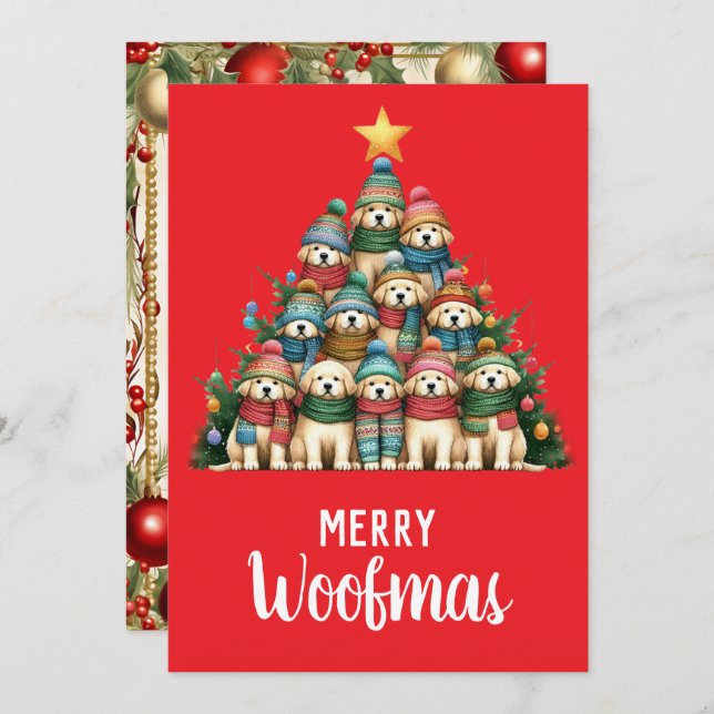 Labrador Puppy Merry Woofmas Christmas Tree Holiday Card (Front/Back)