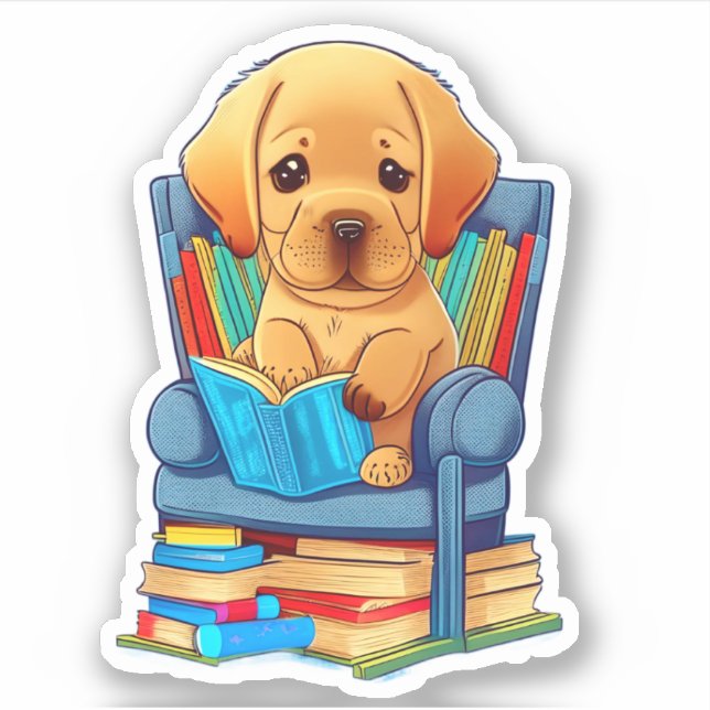 Labrador Puppy reading a book sticker (Front)