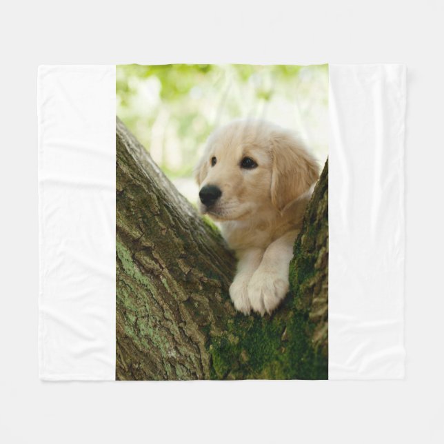 Labrador Puppy Sitting In A Woodland Setting Fleece Blanket (Front (Horizontal))