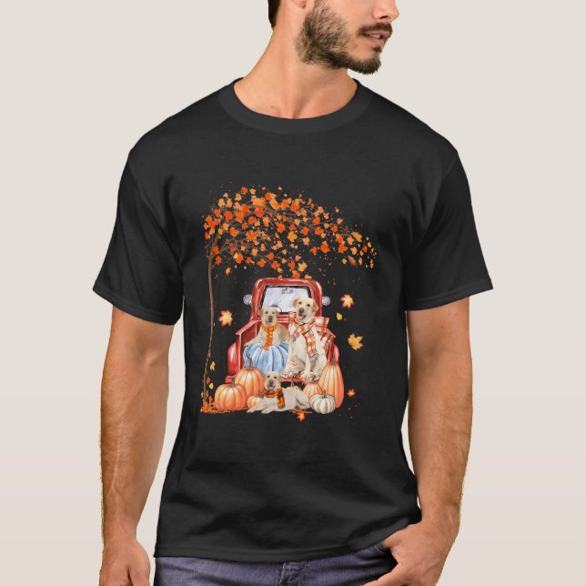 Labrador Retriever Autumn Truck Pumpkin Maple Leaf T-Shirt (Front)