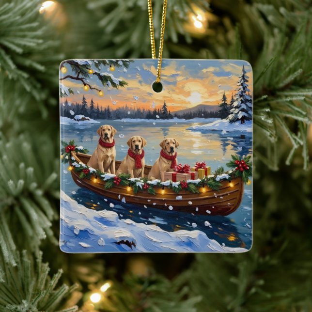 Labrador Retriever Christmas Boat Holiday Ceramic Ornament (Tree)