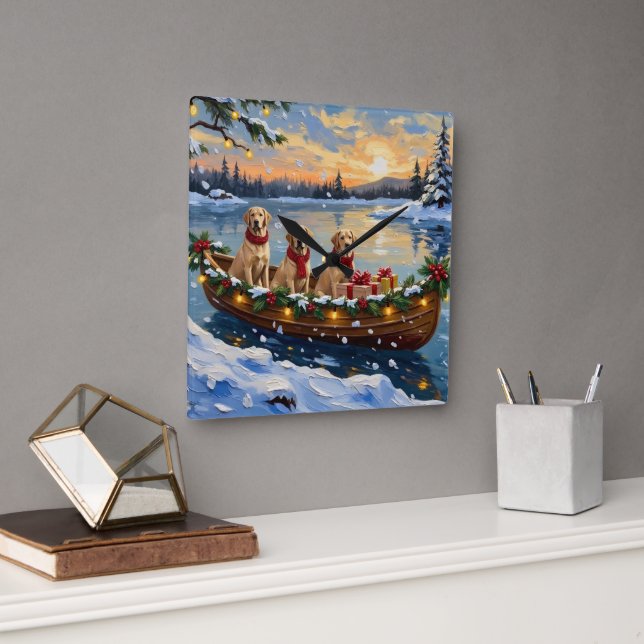 Labrador Retriever Christmas Boat Holiday Square Wall Clock (Office)