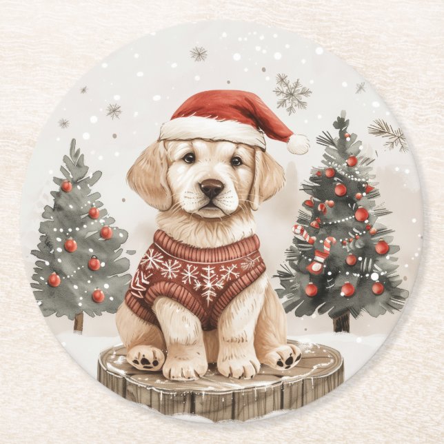 Labrador Retriever Christmas Dog Round Paper Coaster (Front)