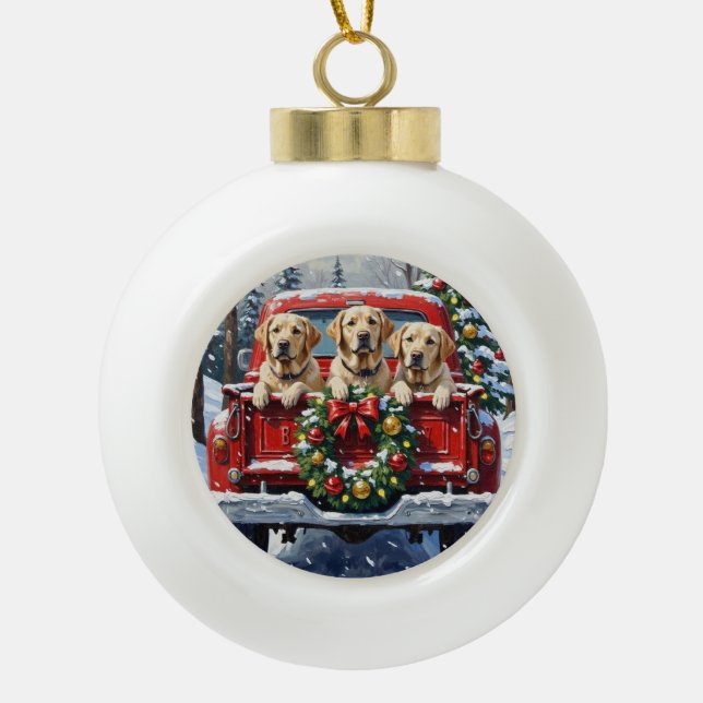 Labrador Retriever Christmas Red Truck Holiday Ceramic Ball Christmas Ornament (Front)