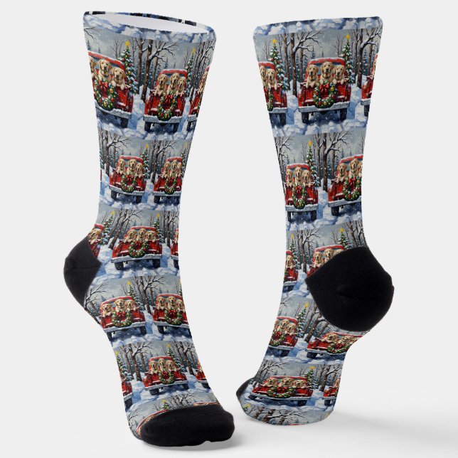 Labrador Retriever Christmas Red Truck Holiday Socks (Angled)