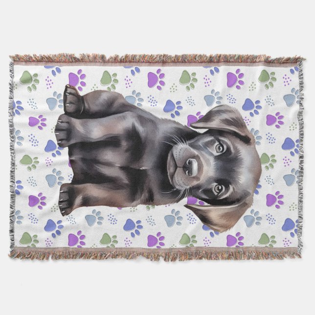 Labrador Retriever Colourful Paw Prints Puppy Dog Throw Blanket (Front)