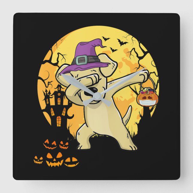 Labrador Retriever Dabbing Witch Pumpkin Funny Dog Square Wall Clock (Front)