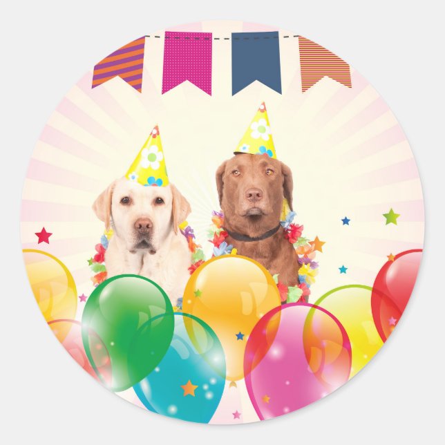 Labrador Retriever Dog Balloons Birthday Classic Round Sticker (Front)