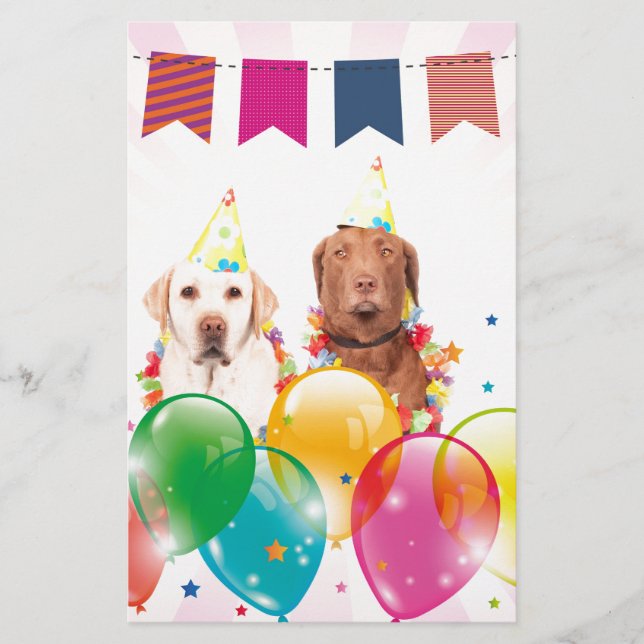 Labrador Retriever Dog Balloons Birthday Stationery (Front)
