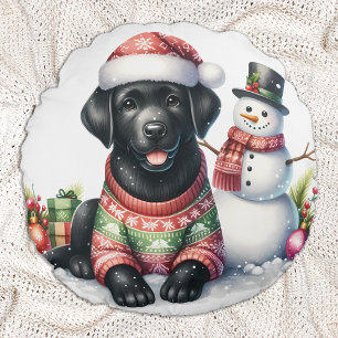 Labrador Retriever Dog Holiday Snowman Puppy Round Cushion
