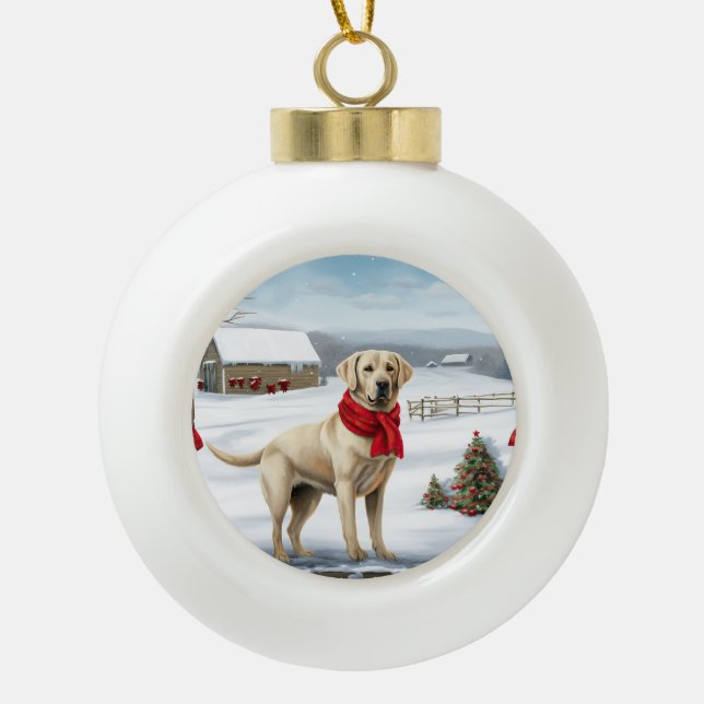 Labrador Retriever Dog in Snow Christmas Ceramic Ball Christmas Ornament (Front)