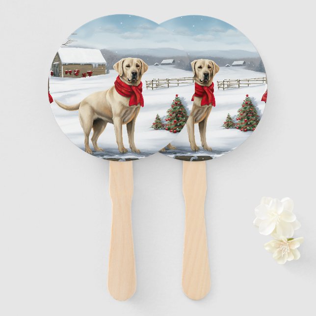 Labrador Retriever Dog in Snow Christmas Hand Fan (Front and Back)