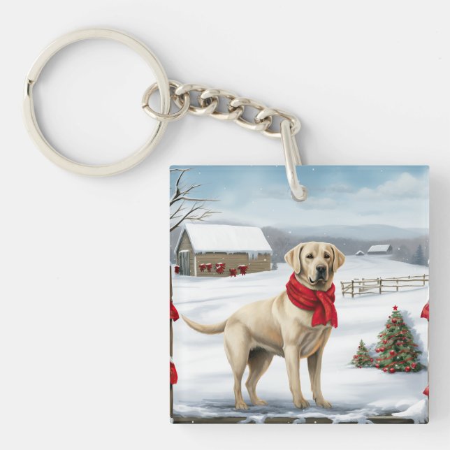 Labrador Retriever Dog in Snow Christmas Key Ring (Front)