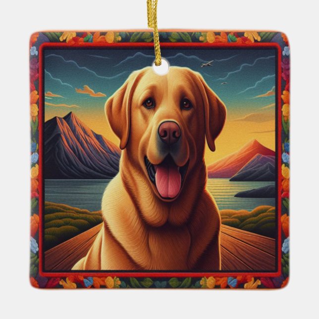 Labrador Retriever Dog Landscape Floral decorative Ceramic Ornament (Front)