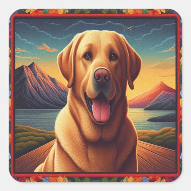 Labrador Retriever Dog Landscape Floral decorative Square Sticker (Front)
