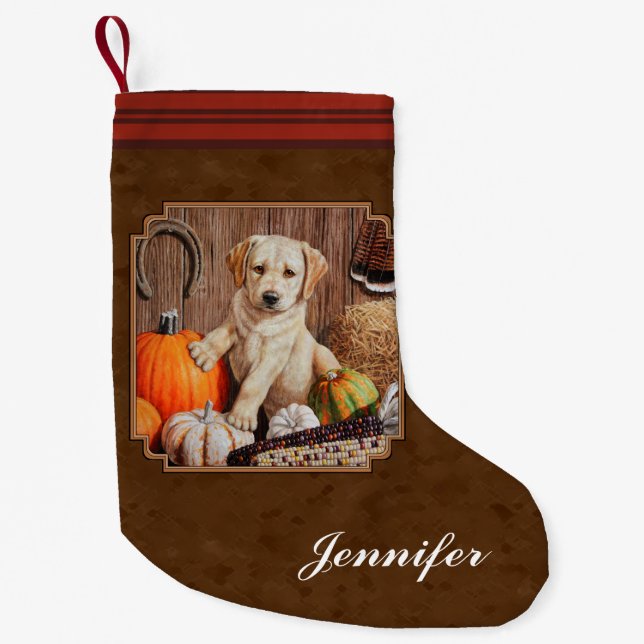 Labrador Retriever Dog & Pumpkins Brown Small Christmas Stocking (Front)