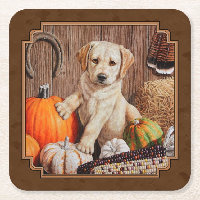 Labrador Retriever Dog & Pumpkins Brown Square Paper Coaster (Front)
