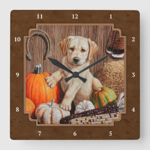 Labrador Retriever Dog & Pumpkins Brown Square Wall Clock