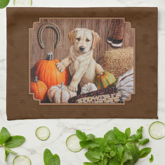 Labrador Retriever Dog & Pumpkins Brown Tea Towel (Folded)