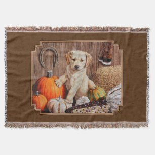 Labrador Retriever Dog & Pumpkins Brown Throw Blanket