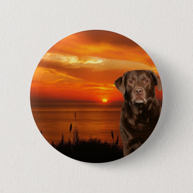 Labrador Retriever Dog Sitting beside Sunset 6 Cm Round Badge (Front)