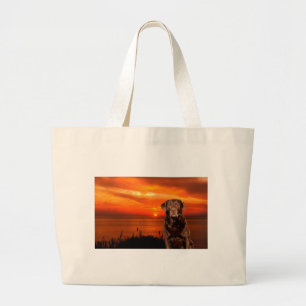 Labrador Retriever Dog Sitting beside Sunset Large Tote Bag