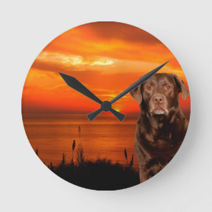Labrador Retriever Dog Sitting beside Sunset Round Clock