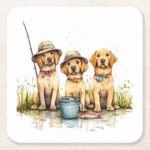 Labrador Retriever Dogs Fishing Square Paper Coaster