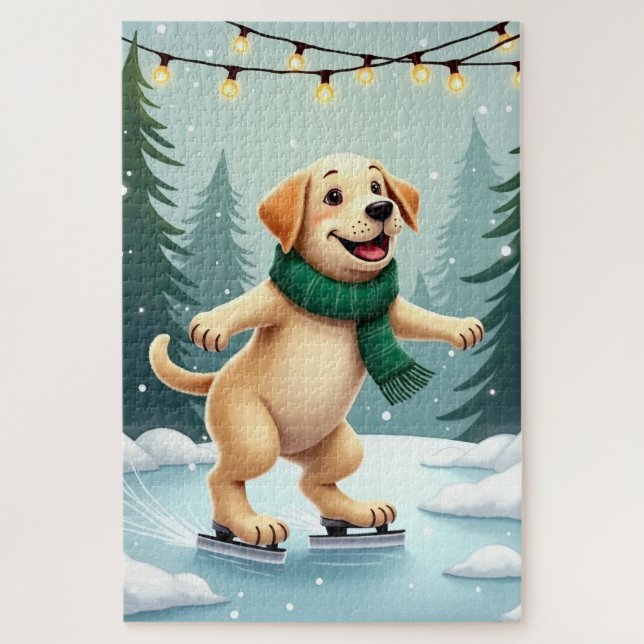 Labrador Retriever Ice Skating Christmas Painting Jigsaw Puzzle (Vertical)