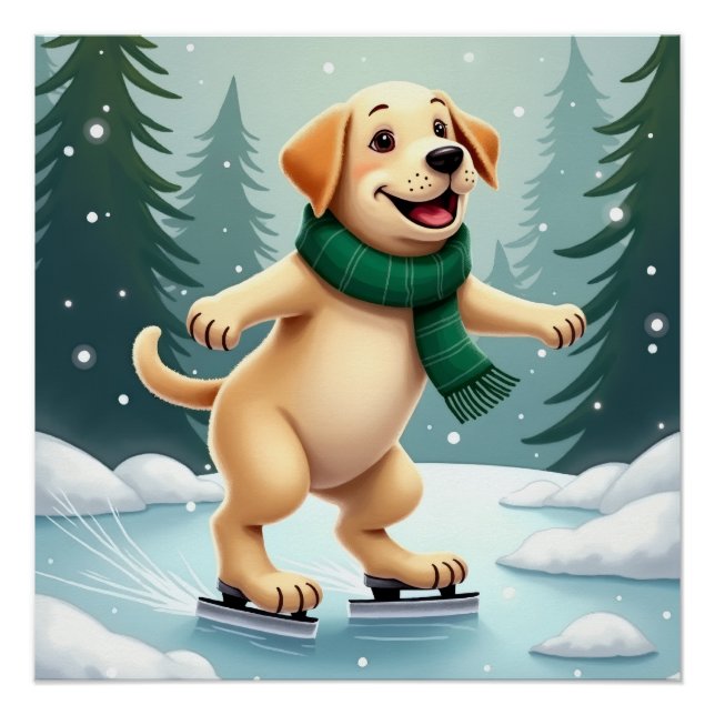 Labrador Retriever Ice Skating Christmas Painting Poster (Front)
