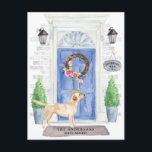 Labrador Retriever Moving Announcement Postcard<br><div class="desc">Announce your new address with our stylish announcement featuring a Labrador Retriever,  blue front door,  welcome mat,  slate sign,  topiaries and a floral wreath set on a grey brick background.</div>