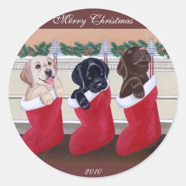 Labrador Retriever Puppies Christmas Painting Classic Round Sticker (Front)