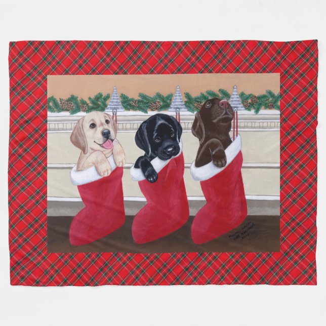 Labrador Retriever Puppies Christmas Painting Fleece Blanket (Front (Horizontal))