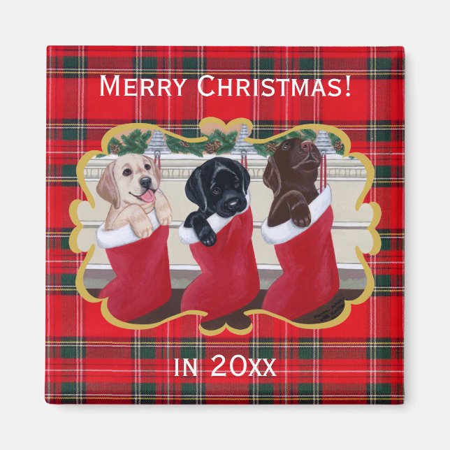 Labrador Retriever Puppies Christmas Painting Magnet (Front)