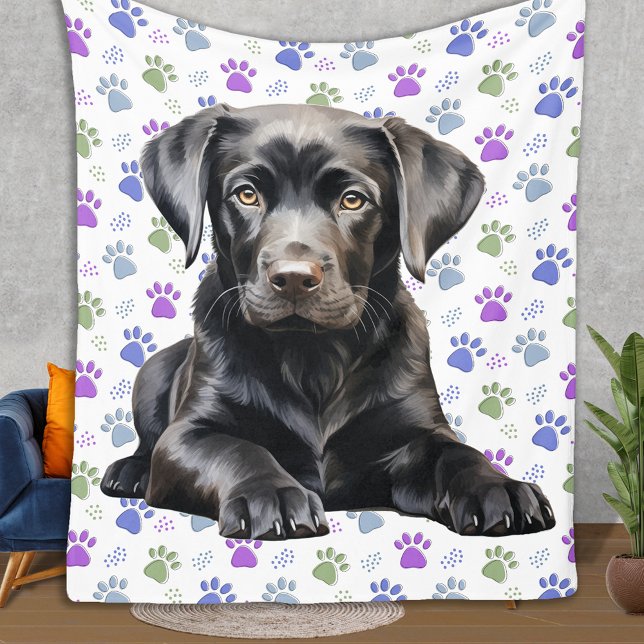 Labrador Retriever Puppy Colourful Paw Prints Dog Fleece Blanket (Creator Uploaded)