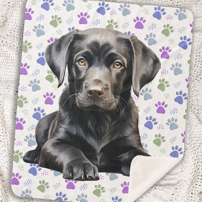 Labrador Retriever Puppy Colourful Paw Prints Dog Sherpa Blanket (Creator Uploaded)