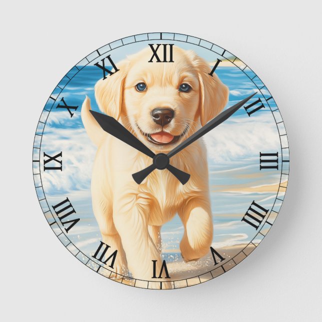Labrador Retriever Puppy on Beach Round Clock (Front)