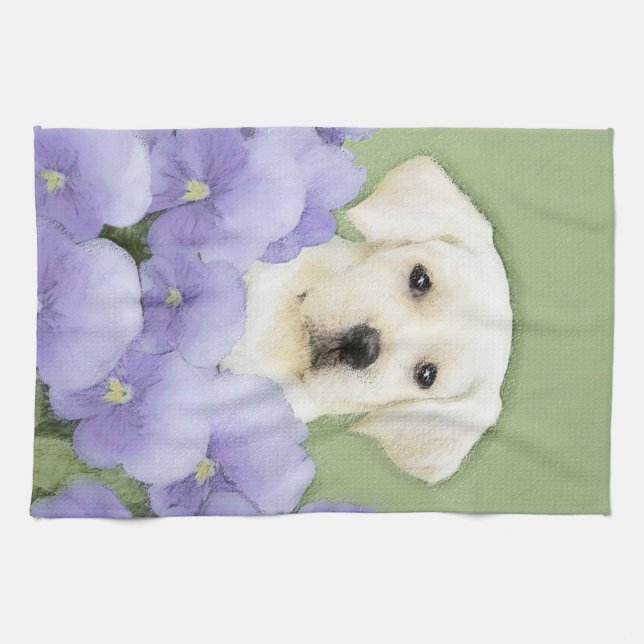 Labrador Retriever Puppy Painting Original Dog Art Tea Towel (Horizontal)