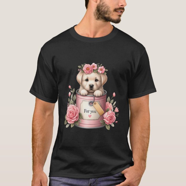 Labrador Retriever Puppy Pink Flower Bucket Yellow T-Shirt (Front)