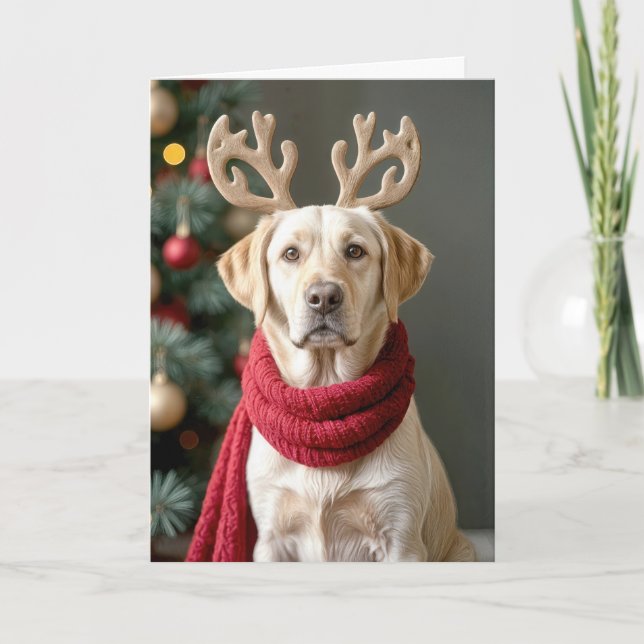 Labrador Retriever With Reindeer Antlers Holiday Card (Front)