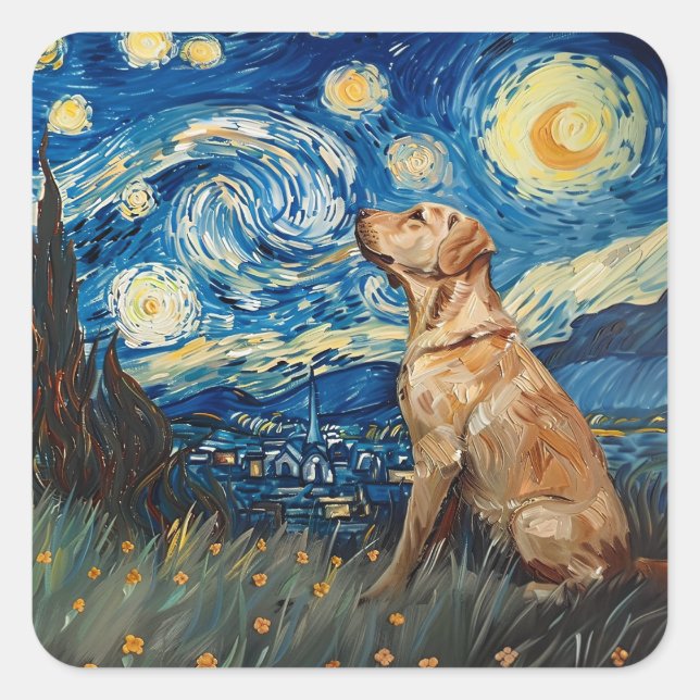 Labrador Retriever Yellow Lab Dog Starry Night Square Sticker (Front)