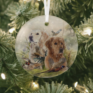 Labrador Retrievers with Pheasant ,Art  Glass Tree Decoration