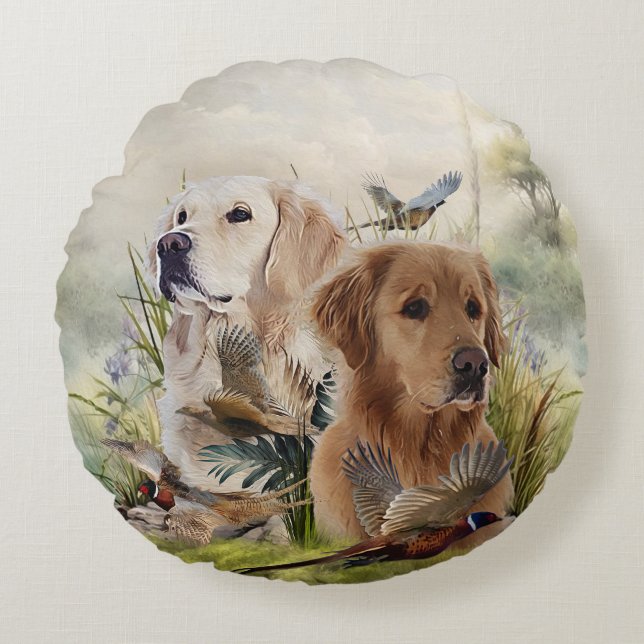 Labrador Retrievers with Pheasant ,Art  Round Cushion (Front)