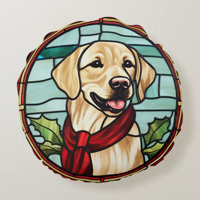 Labrador Stained Glass Christmas Round Cushion (Back)