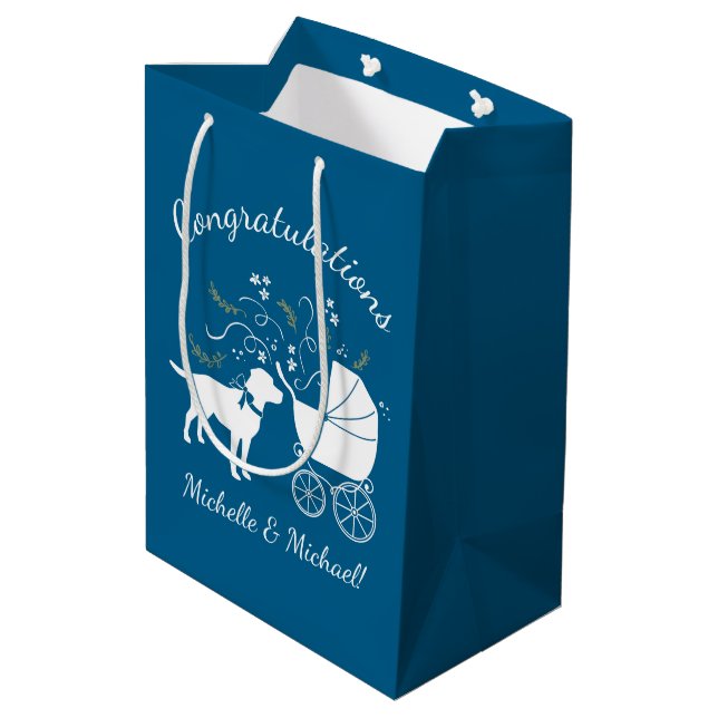 Labrador Theme - Dog Baby Shower Blue Lab Medium Gift Bag (Back Angled)