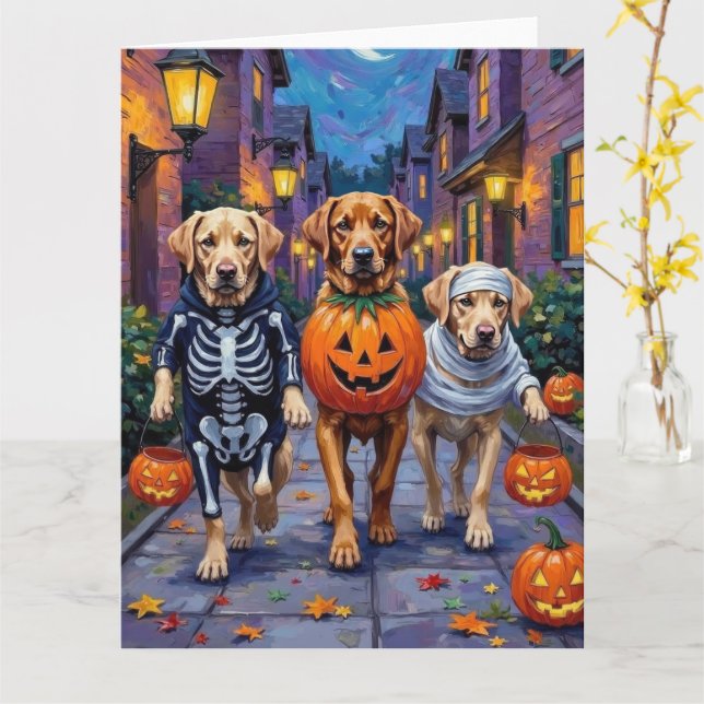 Labrador Trick-or-Treating in Halloween Costumes Card (Yellow Flower)